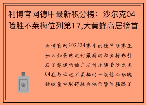 利博官网德甲最新积分榜：沙尔克04险胜不莱梅位列第17,大黄蜂高居榜首